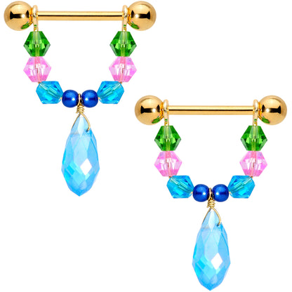 14G 5/8 Blue Pink Green Gem Gold Tone Drop Nipple Ring Set