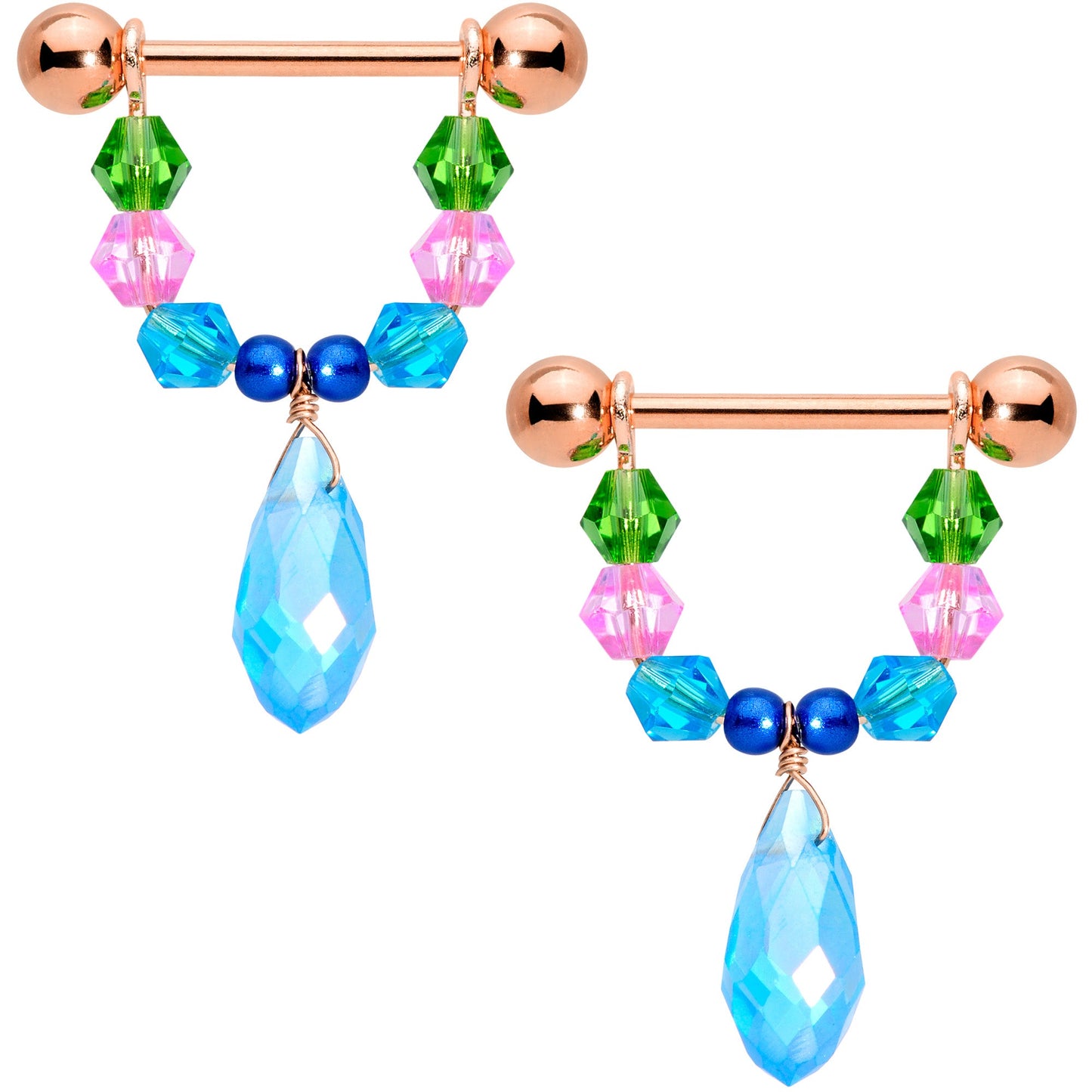 14G 5/8 Blue Pink Green Gem Rose Gold Tone Drop Nipple Ring Set