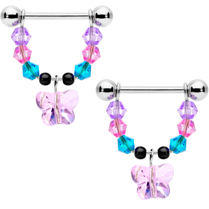 14G 5/8 Pink Blue Purple Gem Butterfly Dangle Barbell Nipple Ring Set