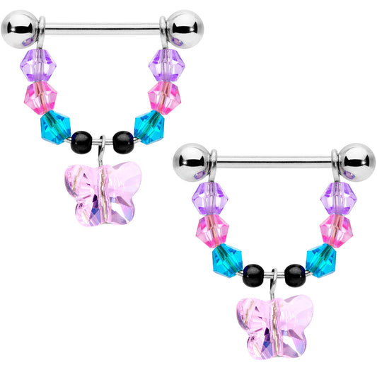 14G 5/8 Pink Blue Purple Gem Butterfly Dangle Barbell Nipple Ring Set