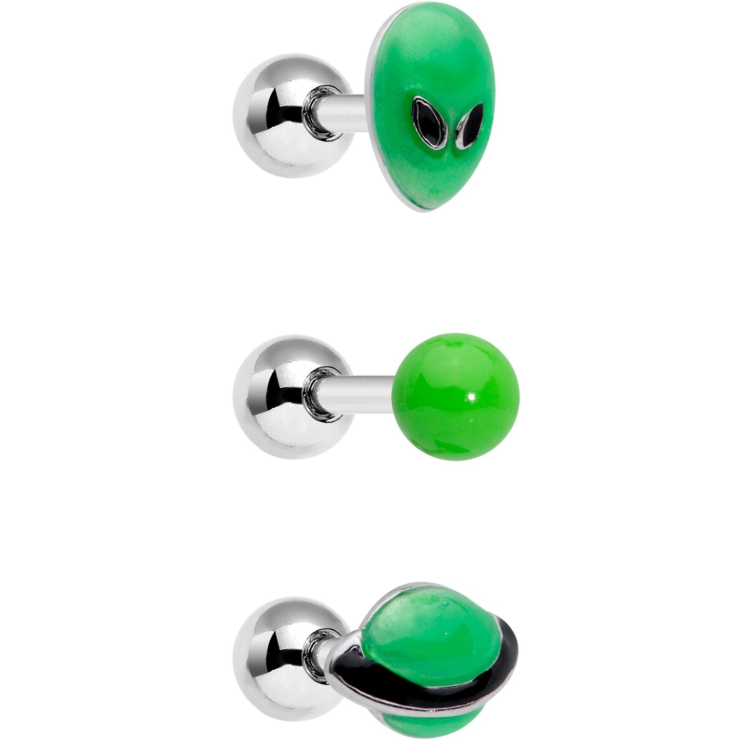 16G 1/4 Green Glow UFO Space Alien Cartilage Tragus Set of 3