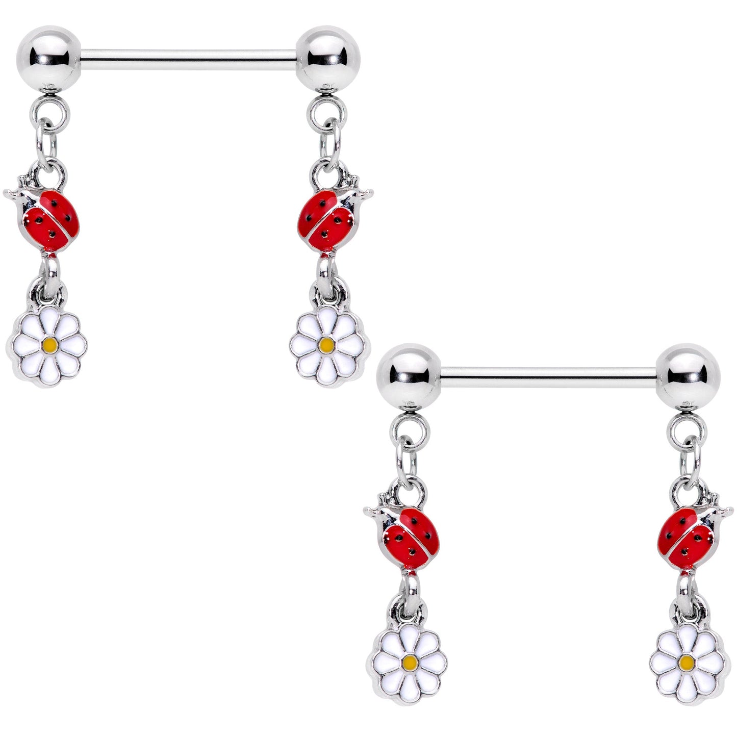 14G 5/8 Red White Ladybug Flower Dangle Barbell Nipple Ring Set
