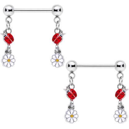 14G 5/8 Red White Ladybug Flower Dangle Barbell Nipple Ring Set