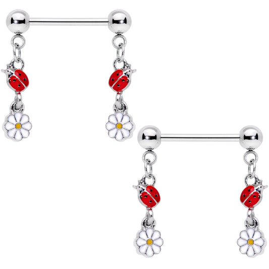14G 5/8 Red White Ladybug Flower Dangle Barbell Nipple Ring Set