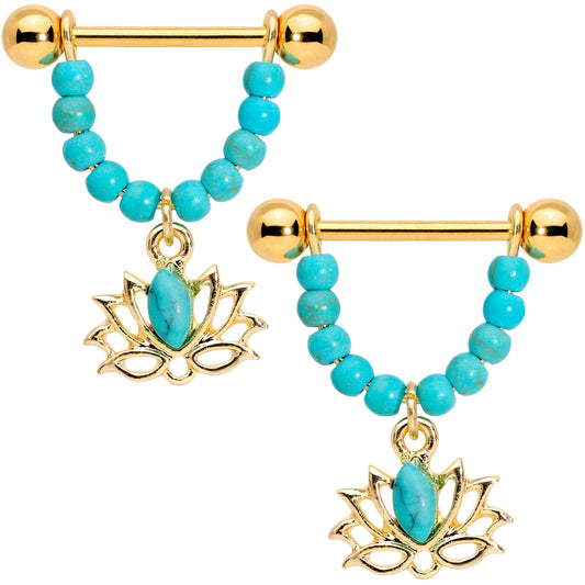 14G 5/8 Faux Turquoise Gold Tone Lotus Flower Dangle Nipple Ring Set