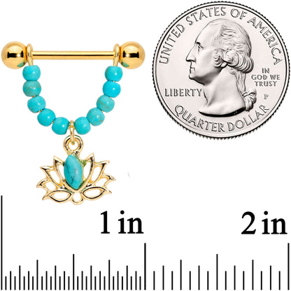 14G 5/8 Faux Turquoise Gold Tone Lotus Flower Dangle Nipple Ring Set