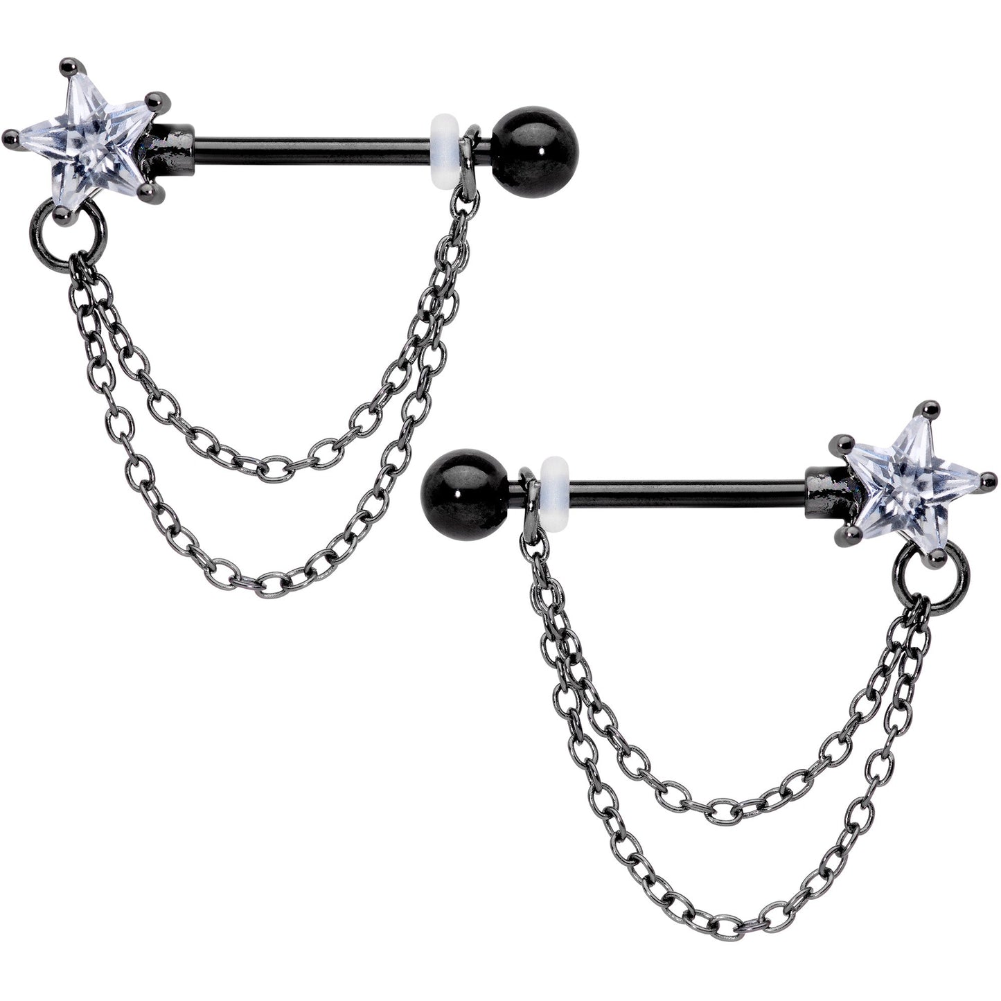 14G 5/8 Clear CZ Star Gem Black Chain Dangle Nipple Ring Set