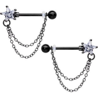 14G 5/8 Clear CZ Star Gem Black Chain Dangle Nipple Ring Set