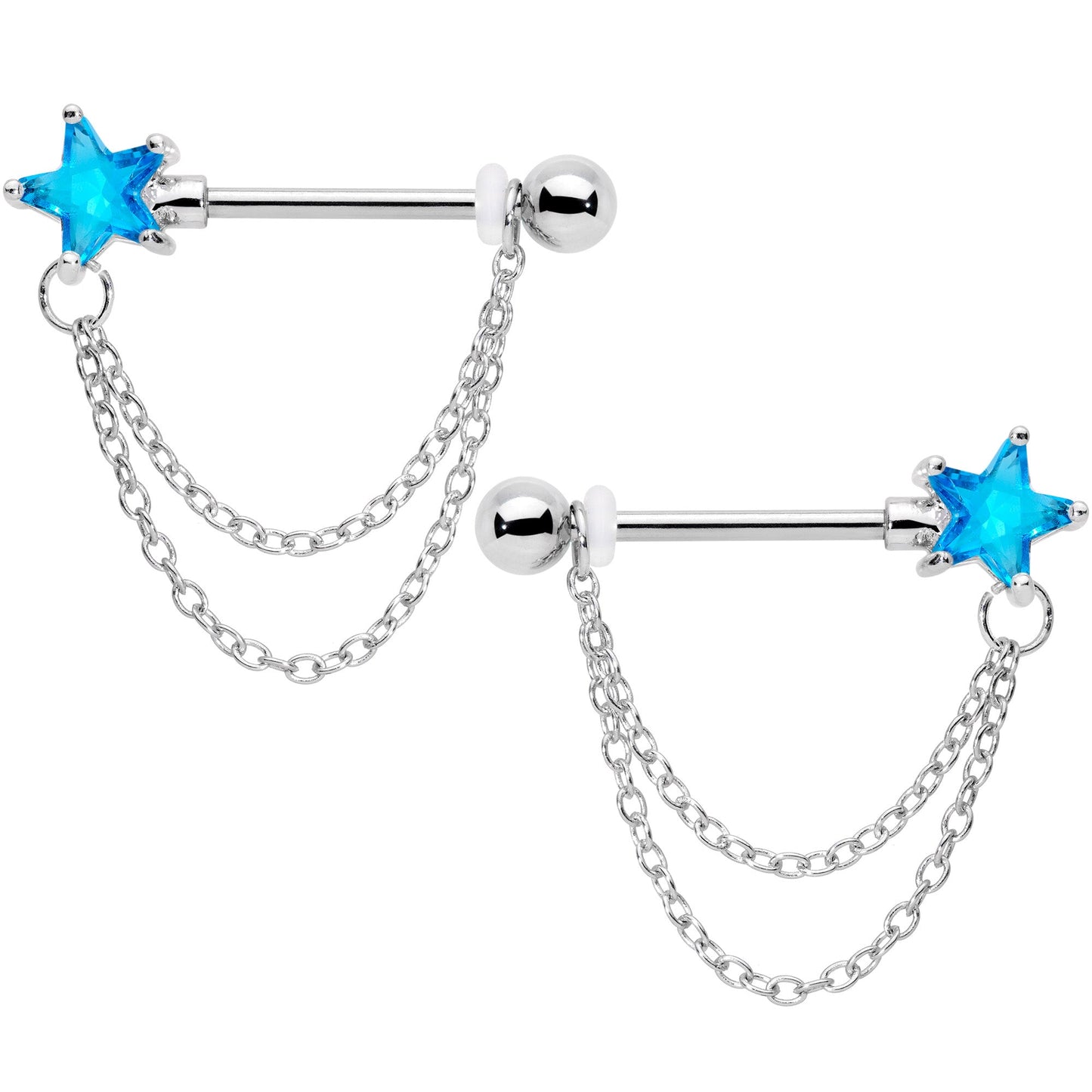 14G 5/8 Aqua CZ Star Gem Chain Dangle Nipple Ring Set