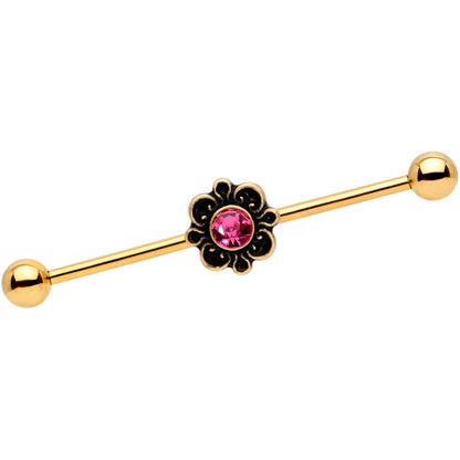 14G Pink Gem Gold Tone Flower Industrial Barbell 38mm