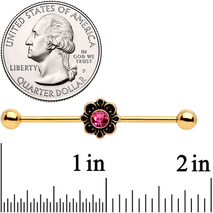 14G Pink Gem Gold Tone Flower Industrial Barbell 38mm