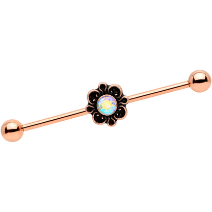 14G Aurora Gem Rose Gold Tone Flower Industrial Barbell 38mm