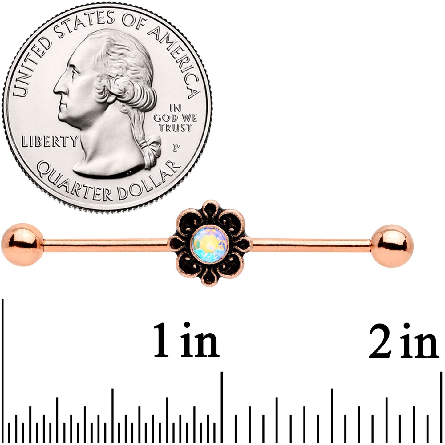 14G Aurora Gem Rose Gold Tone Flower Industrial Barbell 38mm