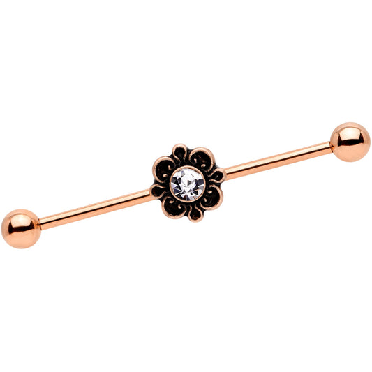 14G Clear Gem Rose Gold Tone Flower Industrial Barbell 38mm