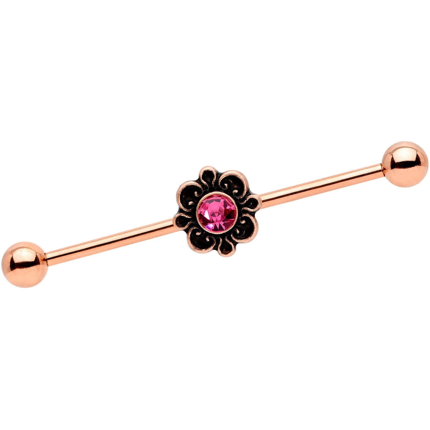 14G Pink Gem Rose Gold Tone Flower Industrial Barbell 38mm