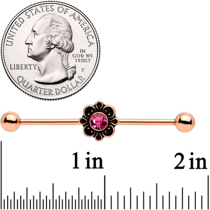 14G Pink Gem Rose Gold Tone Flower Industrial Barbell 38mm