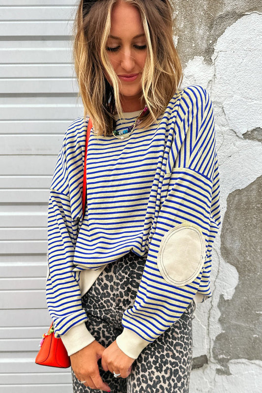 Blue Stripe Textured Elbow Patched Crew Neck Drop Shoulder Sweatshirt - Jaico Online Shop