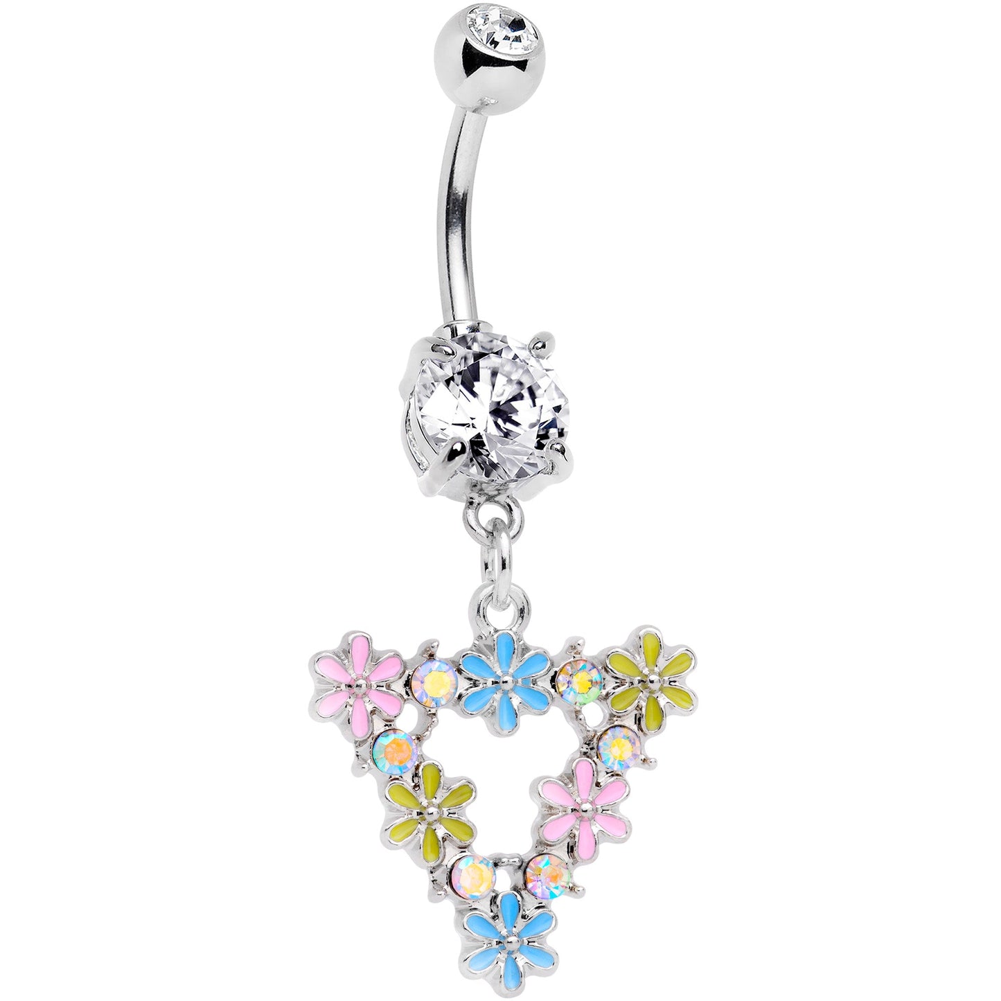 Clear Aurora CZ Gem Flower Triangle Dangle Belly Ring