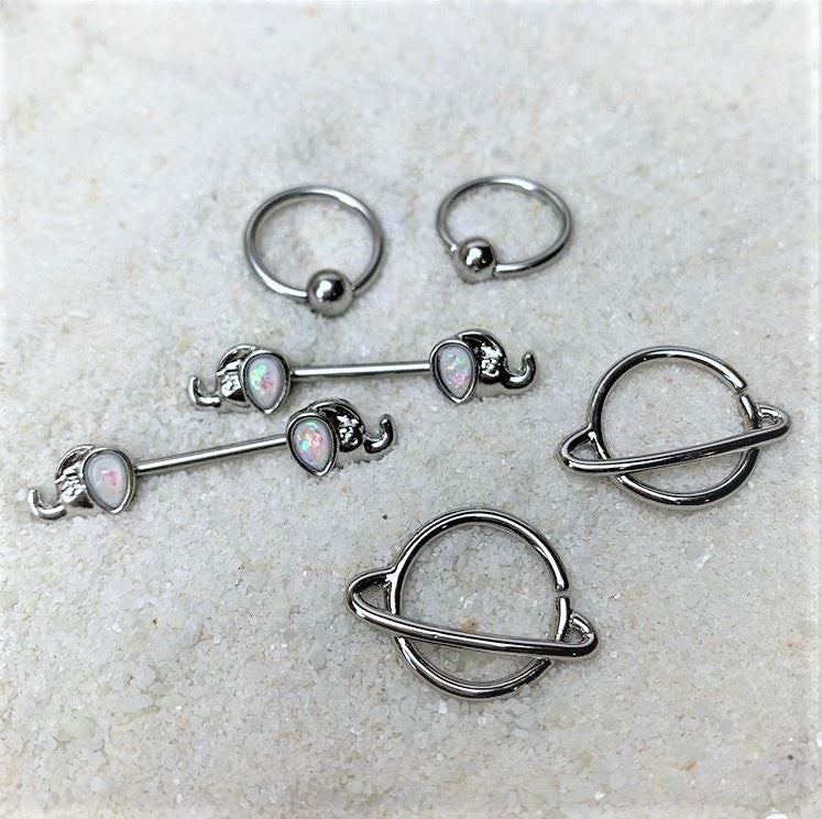 14G White Faux Opal Elephant BCR Barbell Nipple Ring Set of 4
