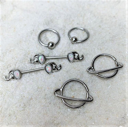 14G White Faux Opal Elephant BCR Barbell Nipple Ring Set of 4