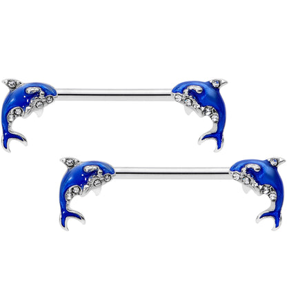 14G 9/16 Clear Gem Sea Blue Orca Whale Barbell Nipple Ring Set