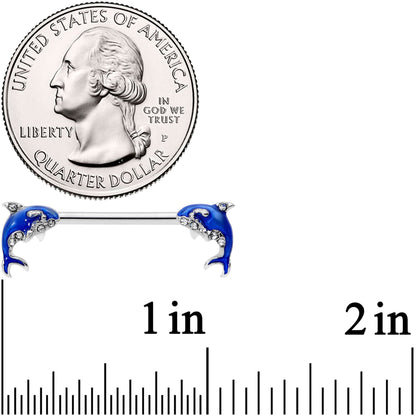 14G 9/16 Clear Gem Sea Blue Orca Whale Barbell Nipple Ring Set