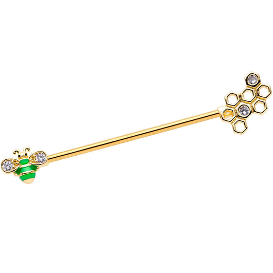 14G Clear Gem Gold Tone Green Bee Industrial Barbell 38mm