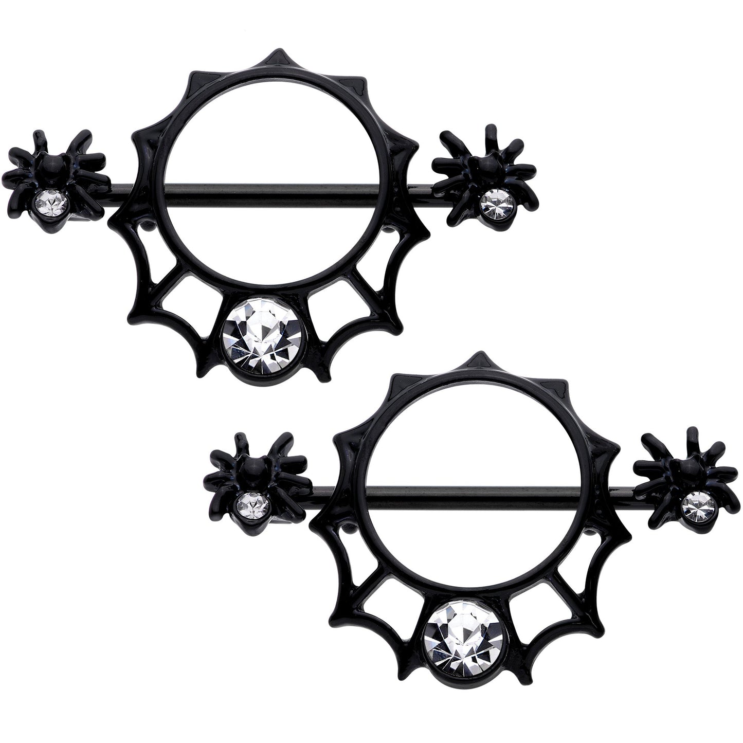 14G 9/16 Clear Gem Black Spider Web Nipple Shield Set
