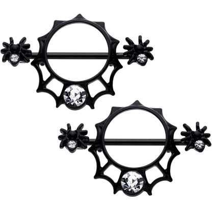 14G 9/16 Clear Gem Black Spider Web Nipple Shield Set