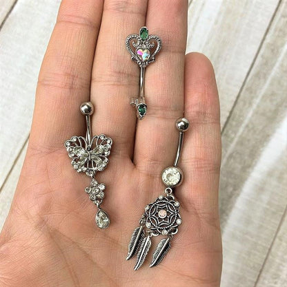 Clear Gem Pink Faux Opal Feather Dreamcatcher Dangle Belly Ring