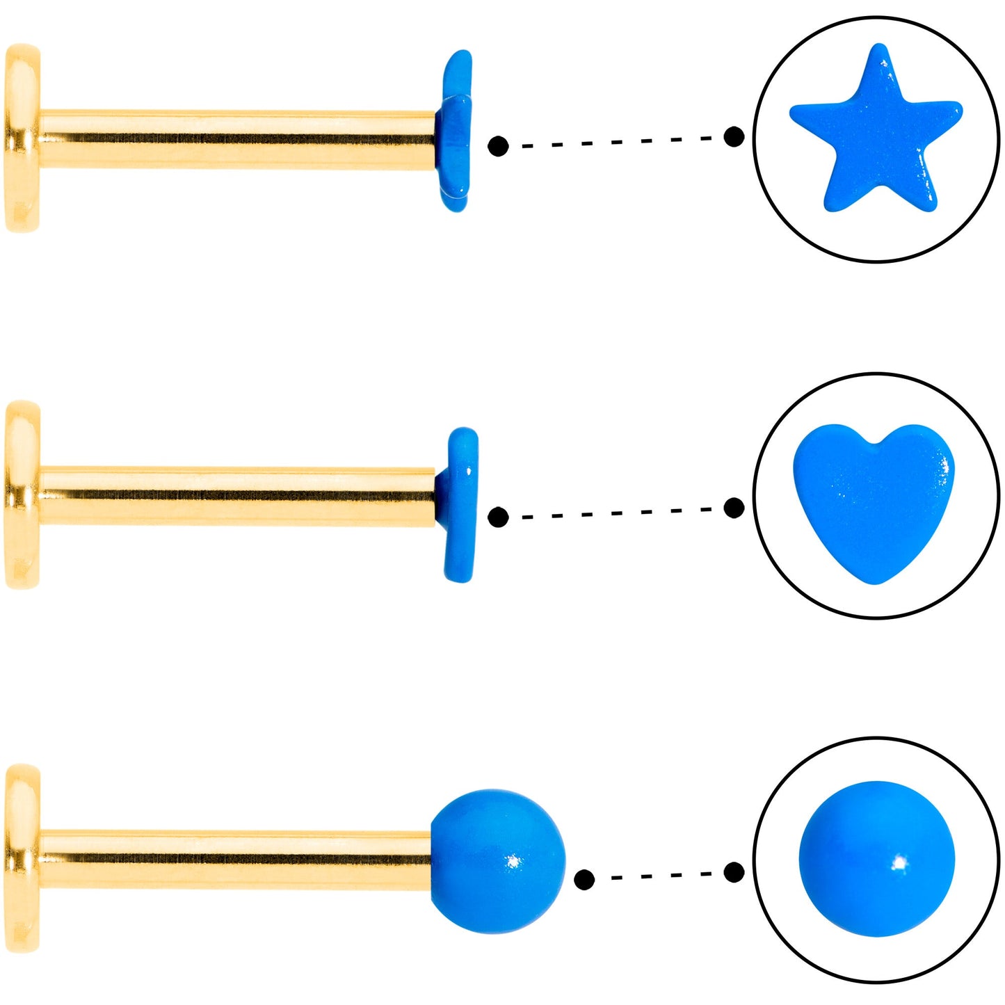 16G 5/16 Gold Tone Blue Glow Star Heart Labret Set of 3