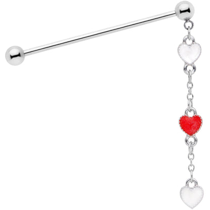 14G Red White Hearts Dangle Industrial Barbell 38mm