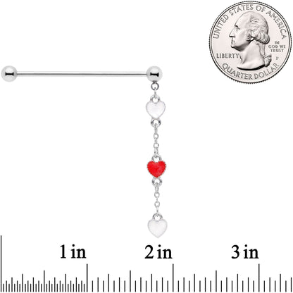 14G Red White Hearts Dangle Industrial Barbell 38mm