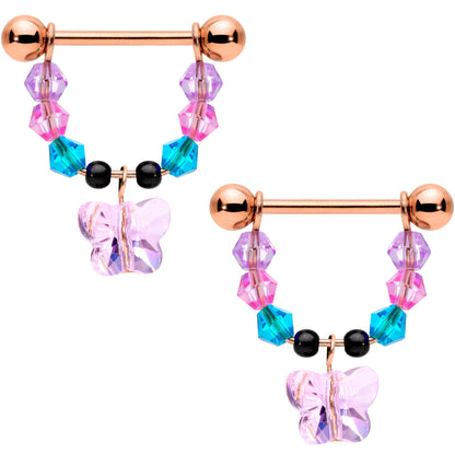 14G Pink Gem Rose Gold Tone Butterfly Dangle Nipple Ring Set