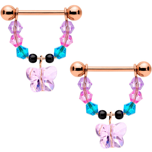 14G Pink Gem Rose Gold Tone Butterfly Dangle Nipple Ring Set
