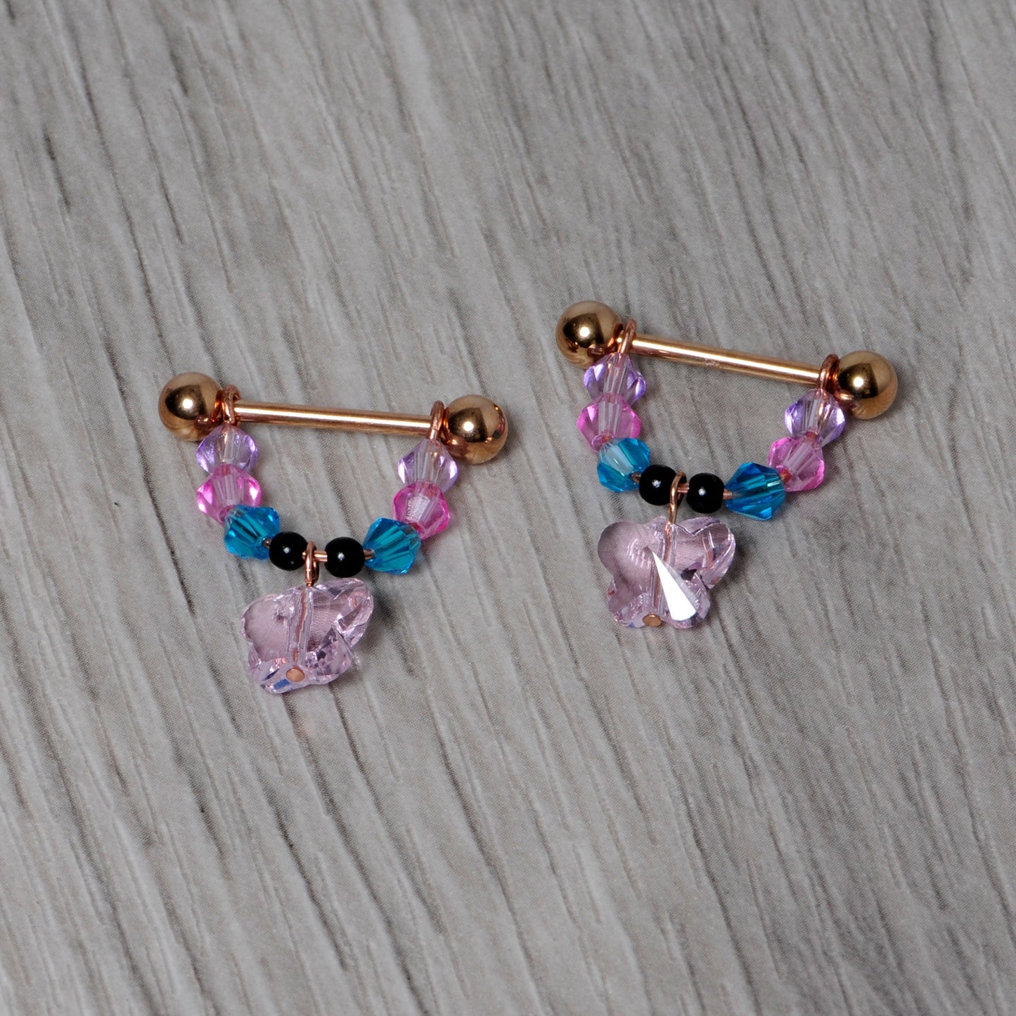 14G Pink Gem Rose Gold Tone Butterfly Dangle Nipple Ring Set