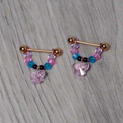 14G Pink Gem Rose Gold Tone Butterfly Dangle Nipple Ring Set