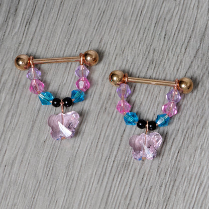 14G Pink Gem Rose Gold Tone Butterfly Dangle Nipple Ring Set