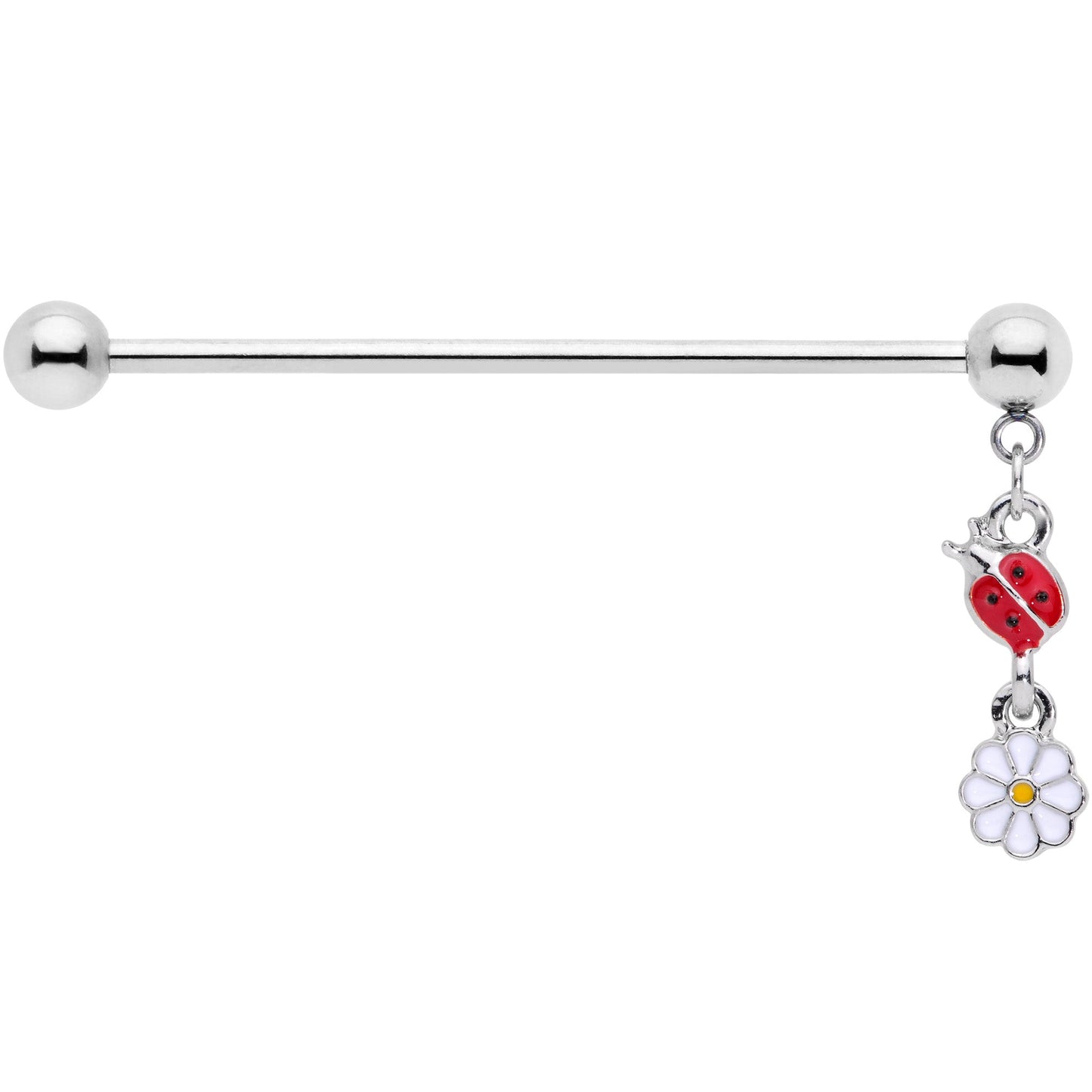 14G Red White Ladybug Flower Dangle Industrial Barbell 38mm