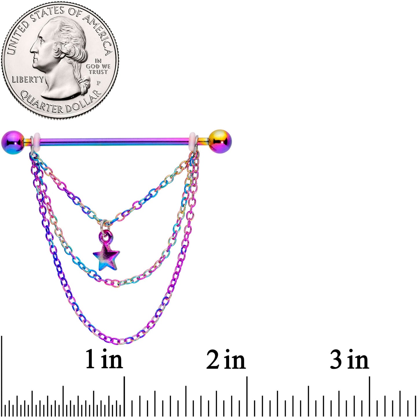 14G Rainbow Star Triple Chain Dangle Industrial Barbell 38mm