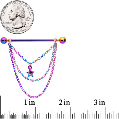 14G Rainbow Star Triple Chain Dangle Industrial Barbell 38mm