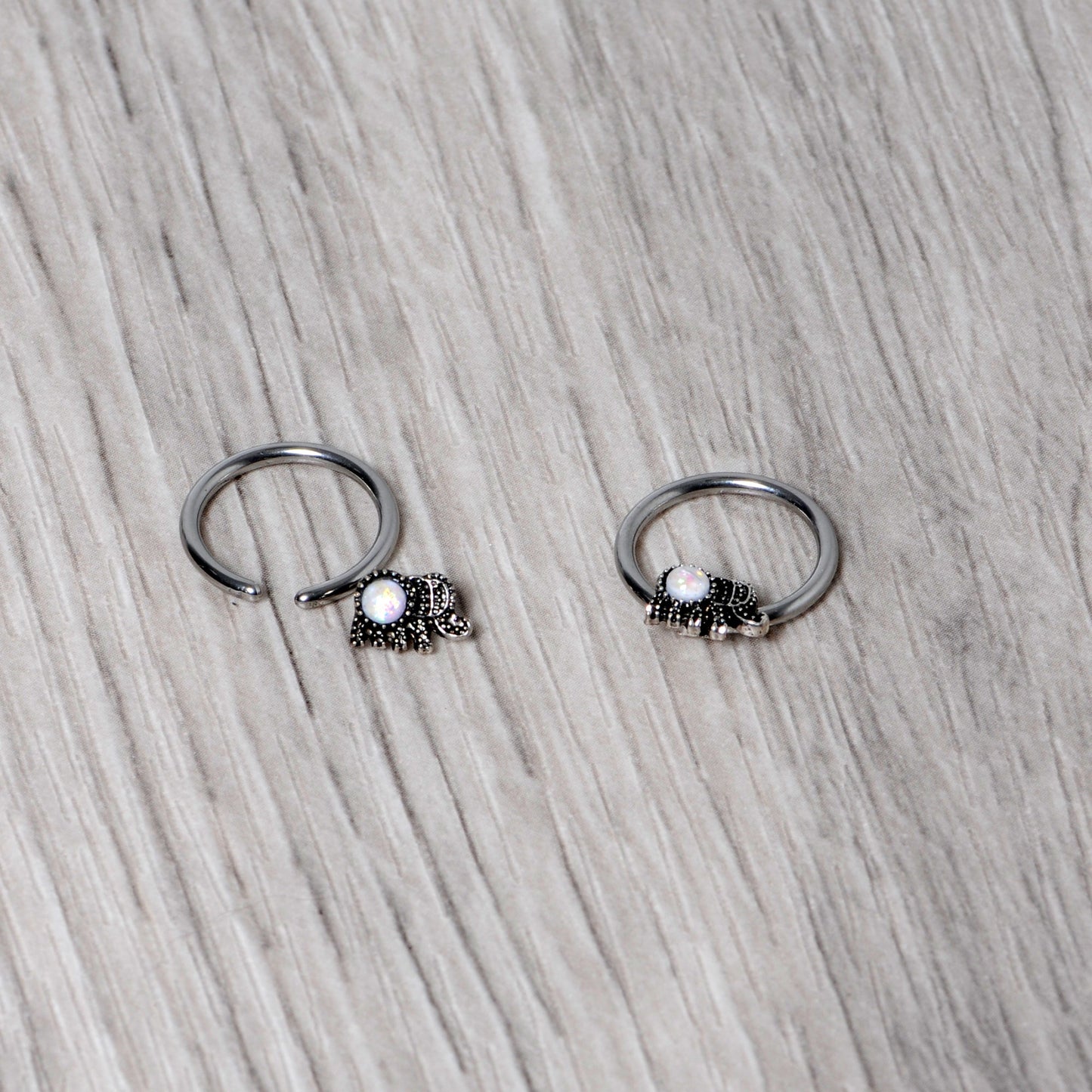 14G 1/2 White Faux Opal Elephant BCR Captive Nipple Ring Set