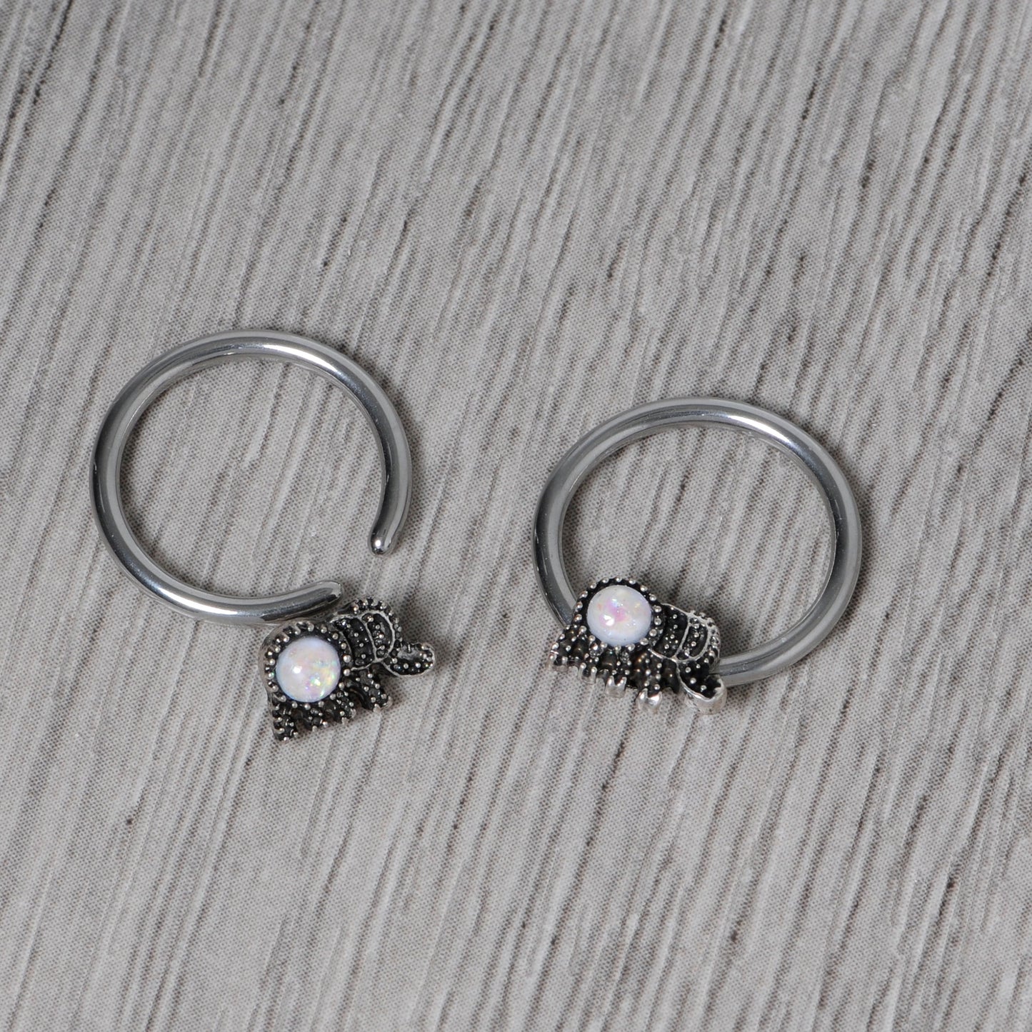 14G 1/2 White Faux Opal Elephant BCR Captive Nipple Ring Set