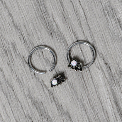 14G 1/2 White Faux Opal Elephant BCR Captive Nipple Ring Set