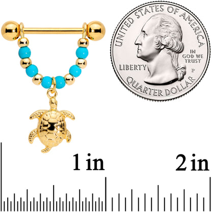 14G 5/8 Faux Turquoise Gold Tone Sea Turtle Dangle Nipple Ring Set