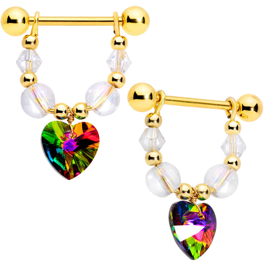 14G 5/8 Vitrail Gem Gold Tone Heart Dangle Nipple Ring Set