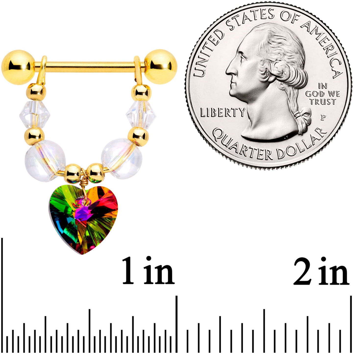 14G 5/8 Vitrail Gem Gold Tone Heart Dangle Nipple Ring Set