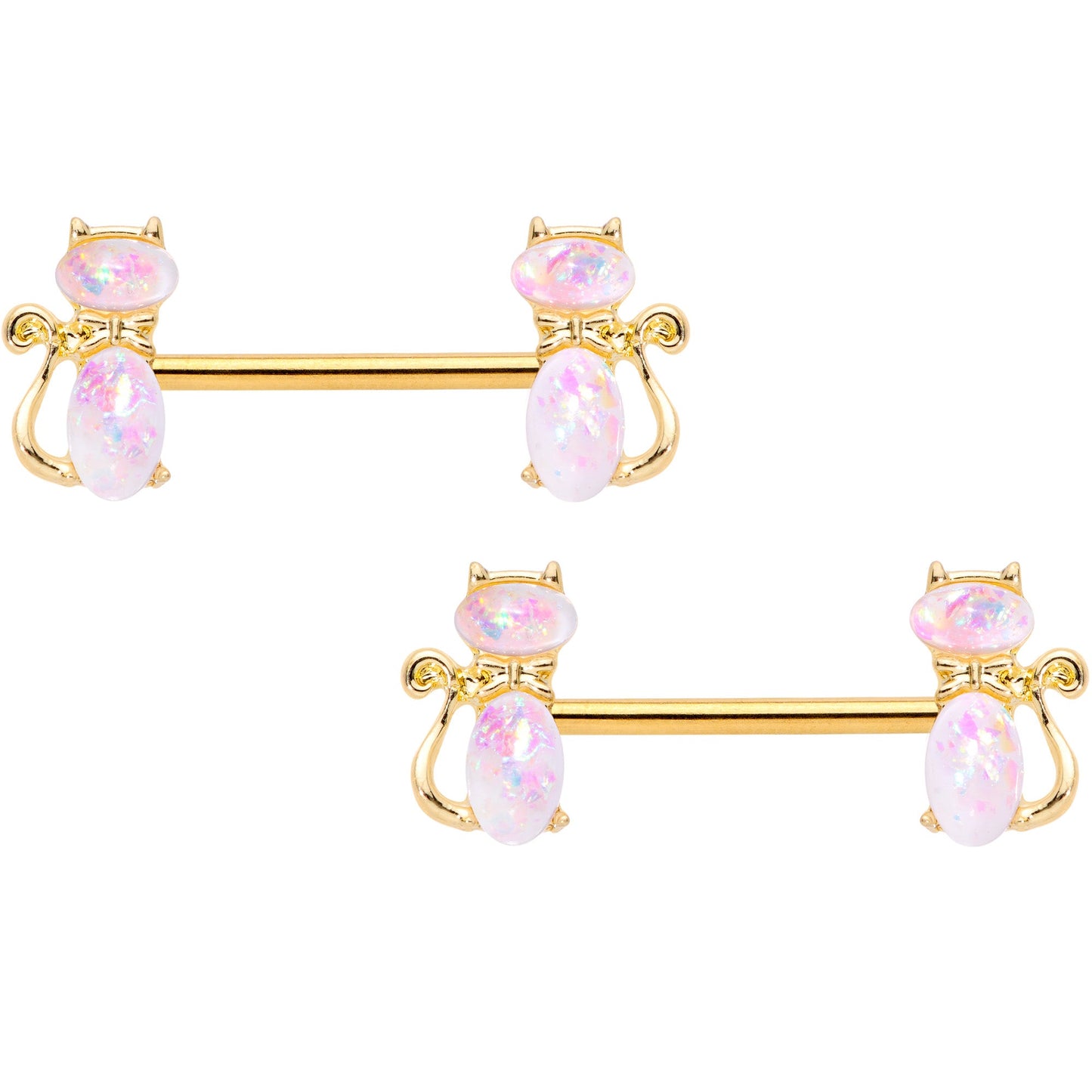 14G 9/16 White Faux Opal Gold Tone Cat Barbell Nipple Ring Set