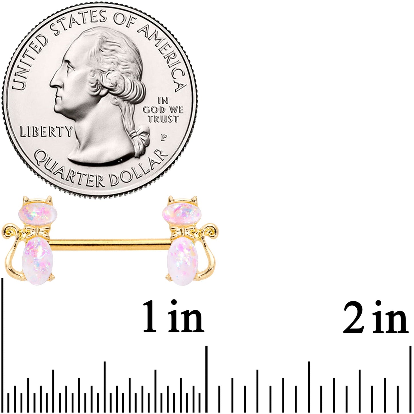 14G 9/16 White Faux Opal Gold Tone Cat Barbell Nipple Ring Set