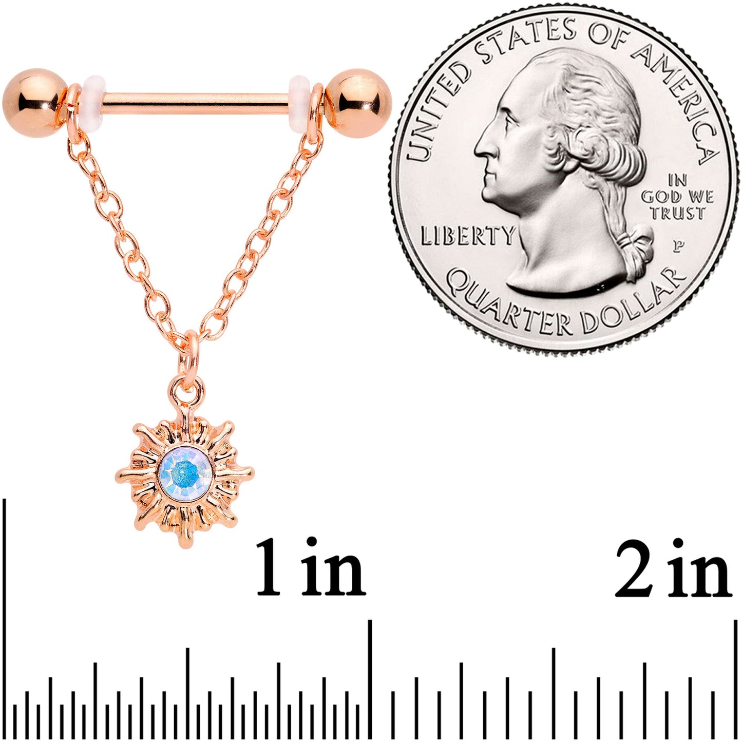 14G 5/8 Aurora Gem Rose Gold Tone Moon Sun Dangle Nipple Ring Set